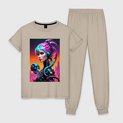 Пижама хлопковая женская Девушка в стиле киберпанк с черепом - нейросеть, цвет: миндальный