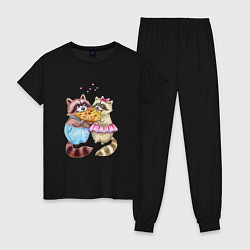 Пижама хлопковая женская Пицца и енотики, цвет: черный