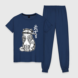 Пижама хлопковая женская Кот самурай - сёто в зубах, цвет: тёмно-синий