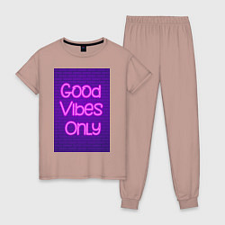 Пижама хлопковая женская Неоновая надпись good vibes only и кирпичная стена, цвет: пыльно-розовый