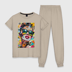 Пижама хлопковая женская Лицо девушки из обрезков газет и журналов, цвет: миндальный