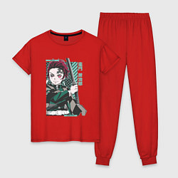 Пижама хлопковая женская Клинок рассекающий демонов Тандзиро зеленый, цвет: красный