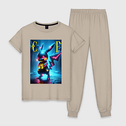Пижама хлопковая женская Cyber Pikachu - neon glow ai art, цвет: миндальный