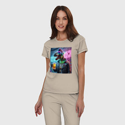 Пижама хлопковая женская Dinosaur dude with a beer mug wearing headphones a, цвет: миндальный — фото 2