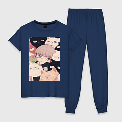 Пижама хлопковая женская Девушка с котиками, цвет: тёмно-синий