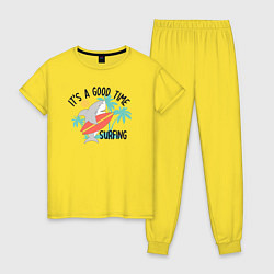 Пижама хлопковая женская Хорошее время для серфинга, цвет: желтый