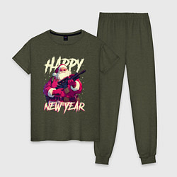 Пижама хлопковая женская Happy New Year Santa Claus with weapon, цвет: меланж-хаки