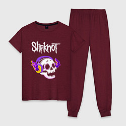 Пижама хлопковая женская Slipknot - неоновый череп, цвет: меланж-бордовый