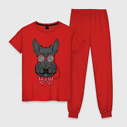Пижама хлопковая женская Скотчтерьер в пенсне, цвет: красный