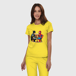 Пижама хлопковая женская Бэтмен и человек Паук пьют пиво, цвет: желтый — фото 2