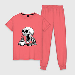 Пижама хлопковая женская Skeleton with coffee, цвет: коралловый