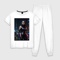 Пижама хлопковая женская Девушка с кошачьими ушами стоит на фоне небоскребо, цвет: белый