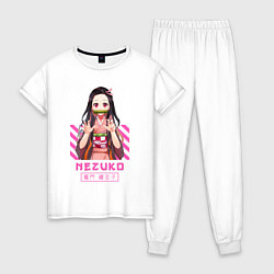 Пижама хлопковая женская Клинок рассекающий демонов Незуко полоска, цвет: белый