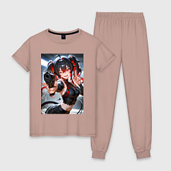Пижама хлопковая женская Девушка-демон с пистолетом, цвет: пыльно-розовый
