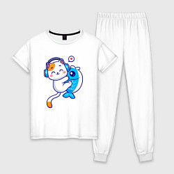 Пижама хлопковая женская Котик и рыба, цвет: белый