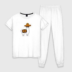 Пижама хлопковая женская Лама в Сомбреро мексиканская, цвет: белый