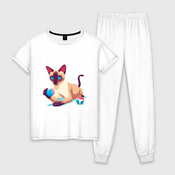 Пижама хлопковая женская Игривый сиамский котик, цвет: белый