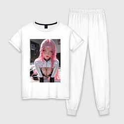 Пижама хлопковая женская Девушка с розовыми волосами в откровенном наряде, цвет: белый