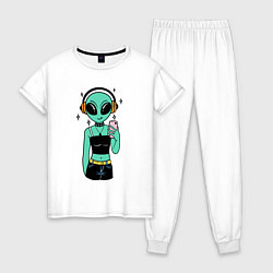 Пижама хлопковая женская Девочка инопланетянин с телефоном, цвет: белый