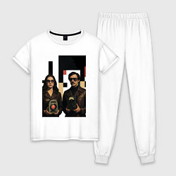 Пижама хлопковая женская Мужчина и женщина с гаджетами поп-арт ретро-футури, цвет: белый