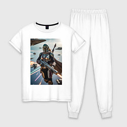 Пижама хлопковая женская Девушка-мандалорец летит в космосе, цвет: белый
