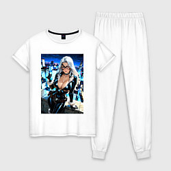 Пижама хлопковая женская Черная кошка с брилиантом на крыше здания, цвет: белый