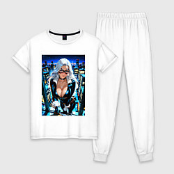 Пижама хлопковая женская Черная кошка на крыше, цвет: белый