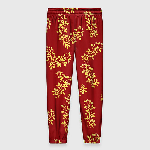 Женские брюки Золотые веточки на ярко красном фоне / 3D-принт – фото 2