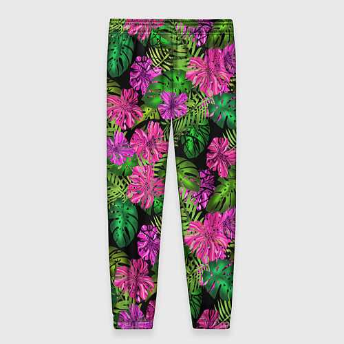Женские брюки Тропические листья и цветы на черном фоне / 3D-принт – фото 2