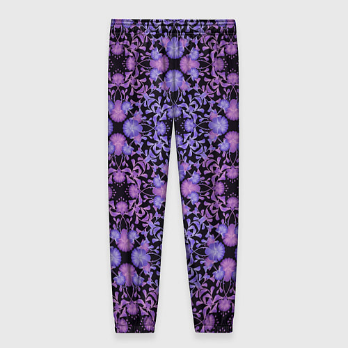 Женские брюки Розово-фиолетовый цветочный орнамент на черном / 3D-принт – фото 2