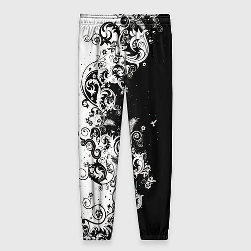 Женские брюки Черно-белые цветы и колибри / 3D-принт – фото 2