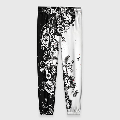 Женские брюки Черно-белая птица среди узорчатых цветов / 3D-принт – фото 2