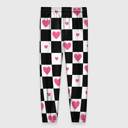 Женские брюки Розовые сердечки на фоне шахматной черно-белой дос / 3D-принт – фото 2