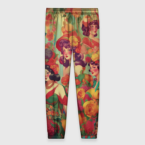 Женские брюки Винтажные ретро леди и цветы / 3D-принт – фото 2