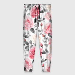 Женские брюки Розовые розы и серые листочки - паттерн