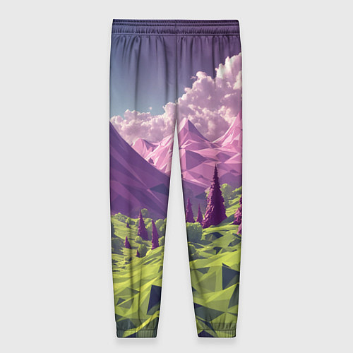 Женские брюки Геометрический зеленый пейзаж и фиолетовые горы / 3D-принт – фото 2