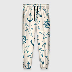 Женские брюки Морской паттерн из штурвалов, чаек и якорей