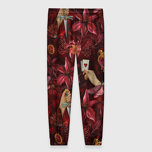 Женские брюки Бордовая готика с сердцем, лилиями и мотыльками / 3D-принт – фото 2