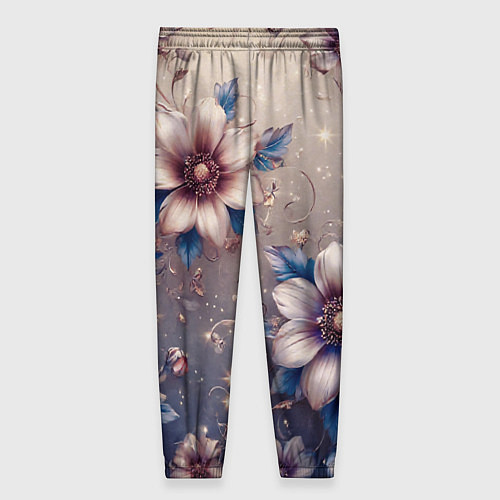 Женские брюки Сине-бежевый дымчатый с цветами / 3D-принт – фото 2