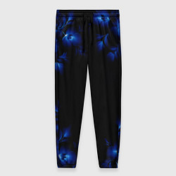 Брюки женские Чёрный ночной с синими цветами, цвет: 3D-принт