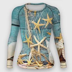 Рашгард женский Натюрморт из сети, морских звёзд и ракушек - лето, цвет: 3D-принт