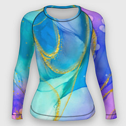 Рашгард женский Абстракция в разных оттенках синего с золотыми нит, цвет: 3D-принт