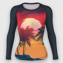 Рашгард женский Пальмы и пляж на закате с помехами VHS ретро дизай, цвет: 3D-принт