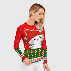 Рашгард женский Белый котик - играет в снежки, цвет: 3D-принт — фото 2