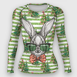 Рашгард женский Кролик в очках на фоне елок, цвет: 3D-принт
