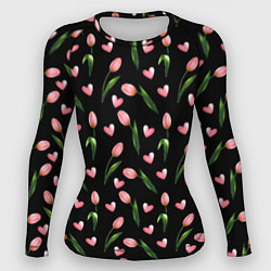 Рашгард женский Тюльпаны и сердечки на черном - паттерн, цвет: 3D-принт