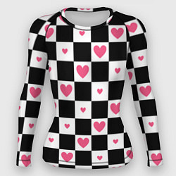 Женский рашгард Розовые сердечки на фоне шахматной черно-белой дос