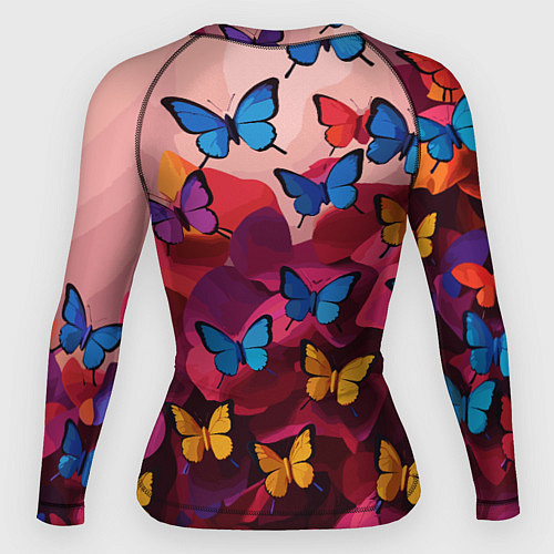 Женский рашгард Разноцветные бабочки - розовые цветы / 3D-принт – фото 2