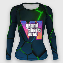 Женский рашгард GTA 6 лого на фоне разлома зеленых плит