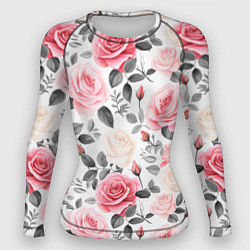 Женский рашгард Розовые розы и серые листочки - паттерн